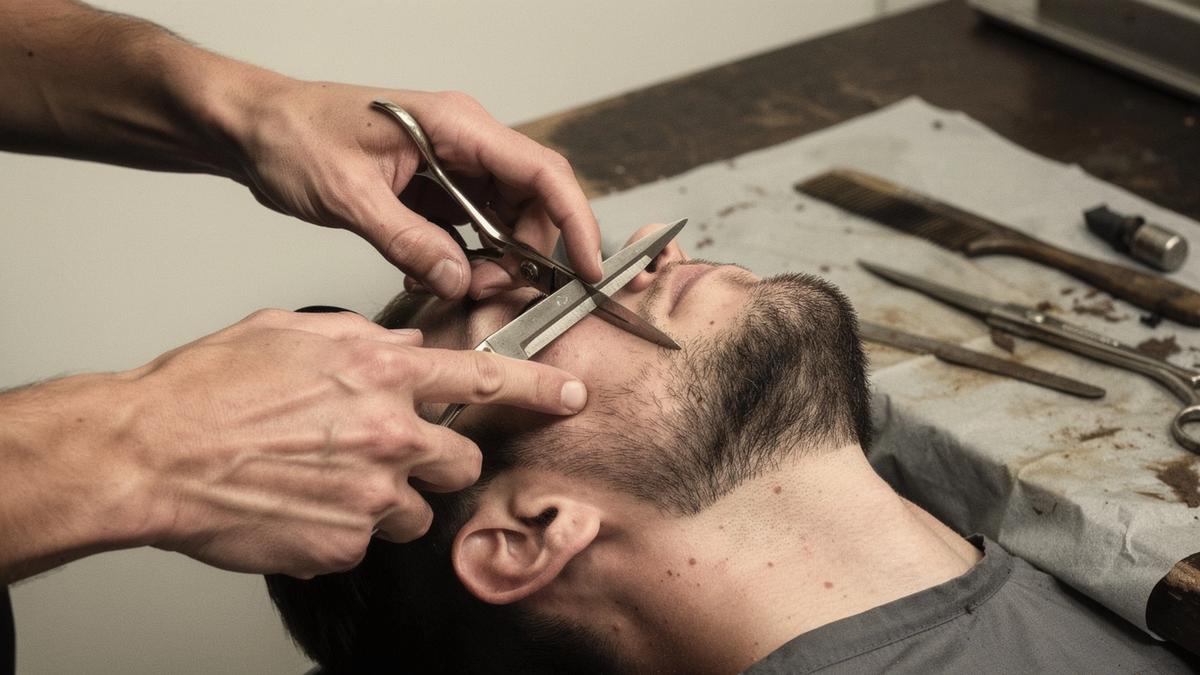 Barber shaping a beard line with scissors at a studio workbench